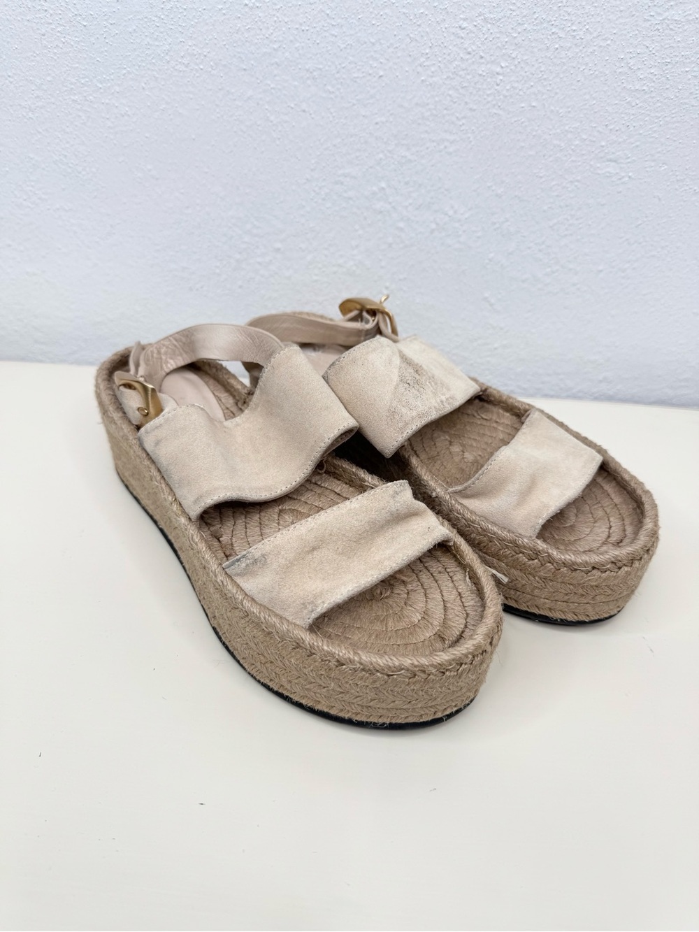 rag & bone Espadrille Platform Sandals Womens Beige 2-Strap Buckle EU 37 FLAW
